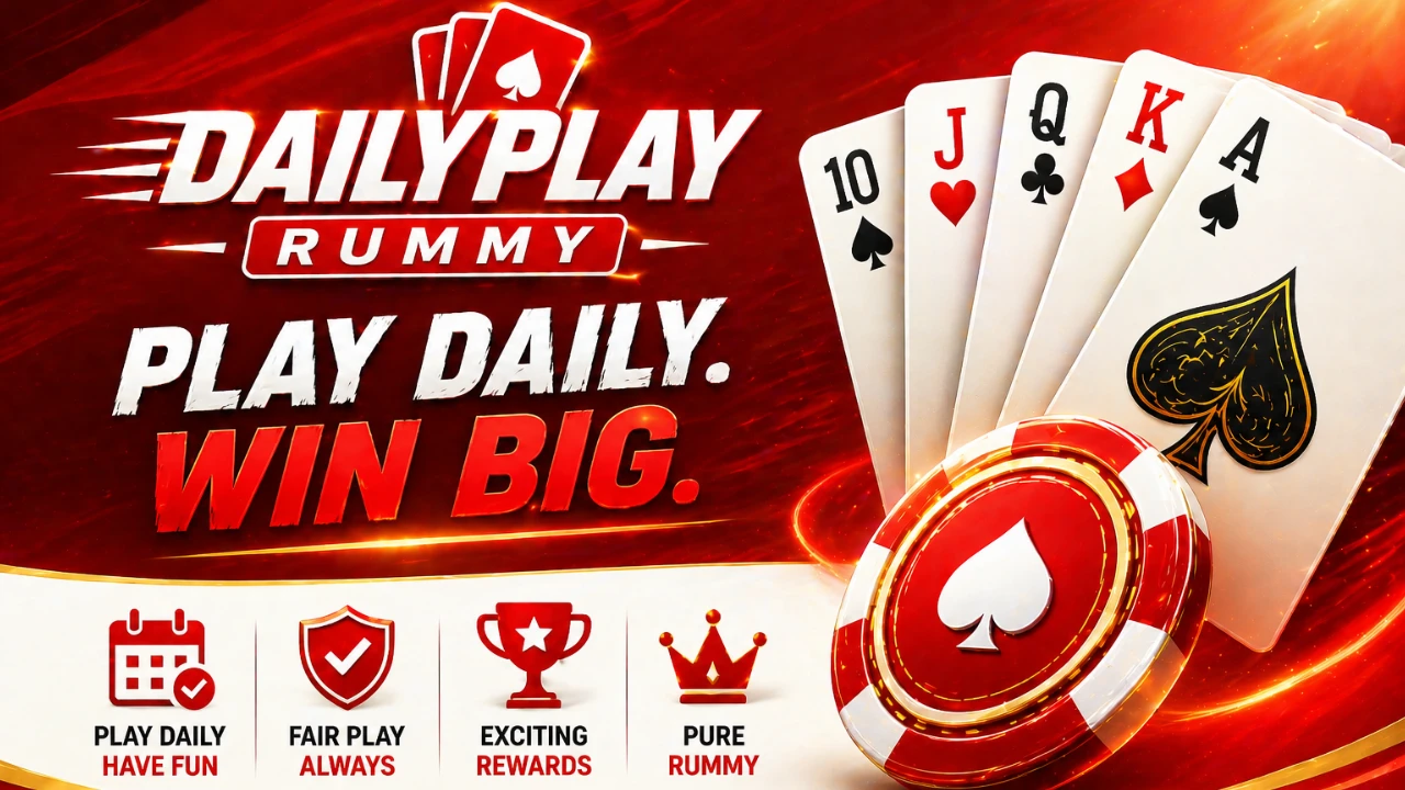 DailyPlayRummy secondary banner — soft coral gradient, trustworthy accent shapes for community skim, upbeat illustration tone, comparison tiles without logos