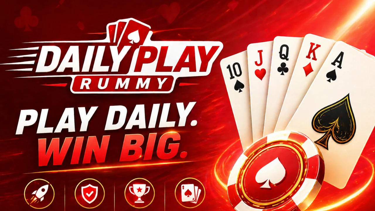 DailyPlayRummy hero banner — coral highlights, upbeat mobile frames, airy white canvas, playful cards motif, no brand logos visible
